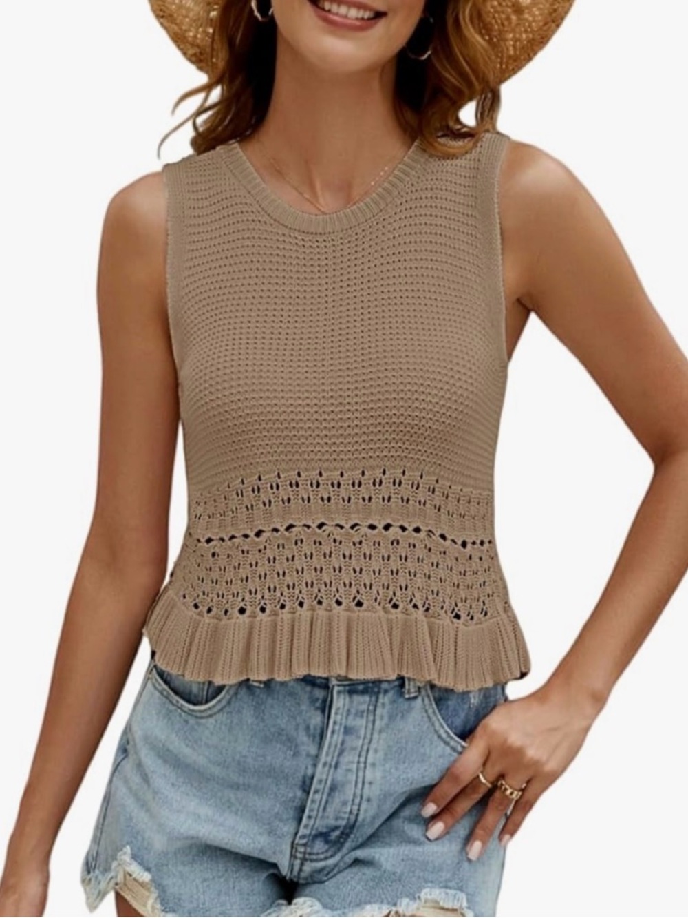 CiCiBird Tan Knit Peplum Tank Top Sleeveless Pointelle Crochet Ruffle Hem Medium